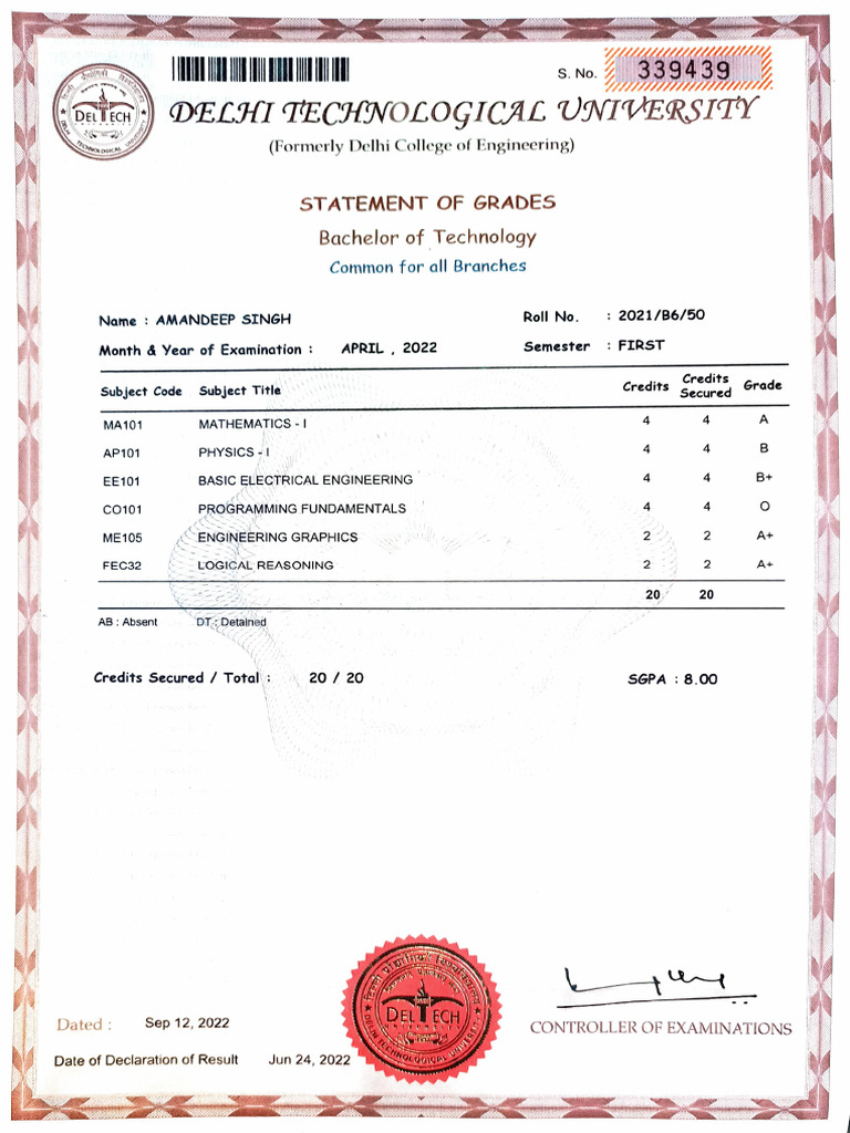 1st Sem Marksheet | PDF