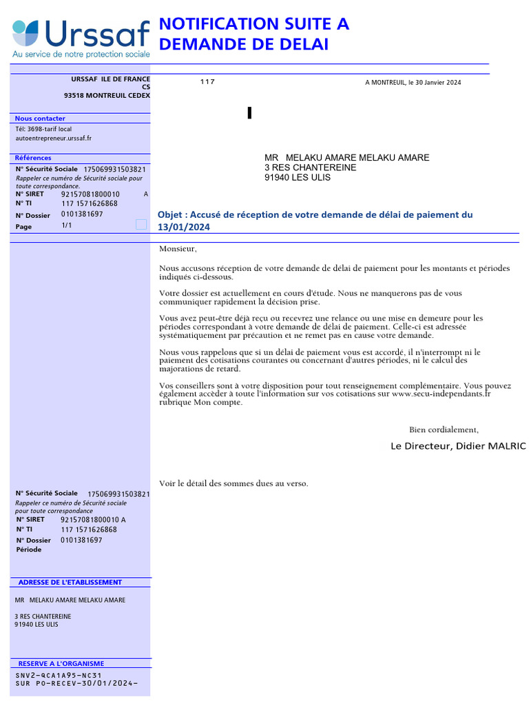 Accusé de réception demande de délai paiement | PDF