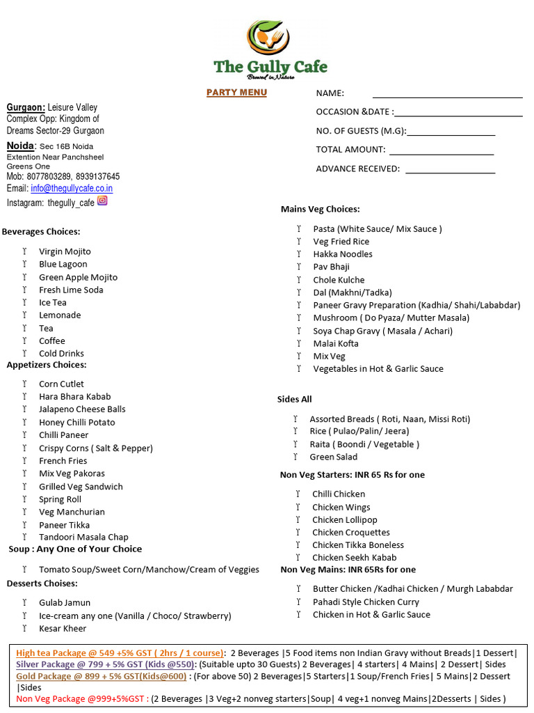 2024 Gully Cafe Party Menu Gurgaon PDF Desserts Foods