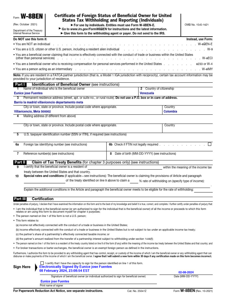 W-8BEN Form for Foreign Tax Status | PDF | Finance & Money Management