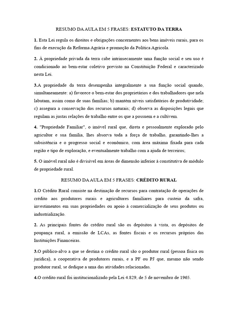 Resumo Estatuto Da Terra e Credito Rural | PDF