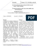 L'évaluation Formative de La Production Écrite en Classe de Fle Au Cycle Moyen - Outils Et Finalités