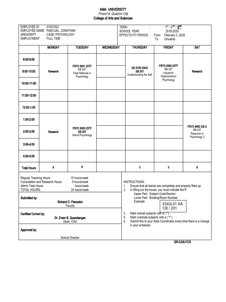 Jonathan Pascual's Teaching Schedule 2019-2020 | PDF | Psychology ...