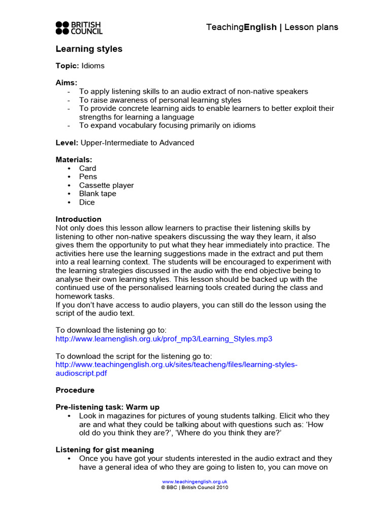 Learning Styles Lesson Plan | PDF | Lesson Plan | Learning