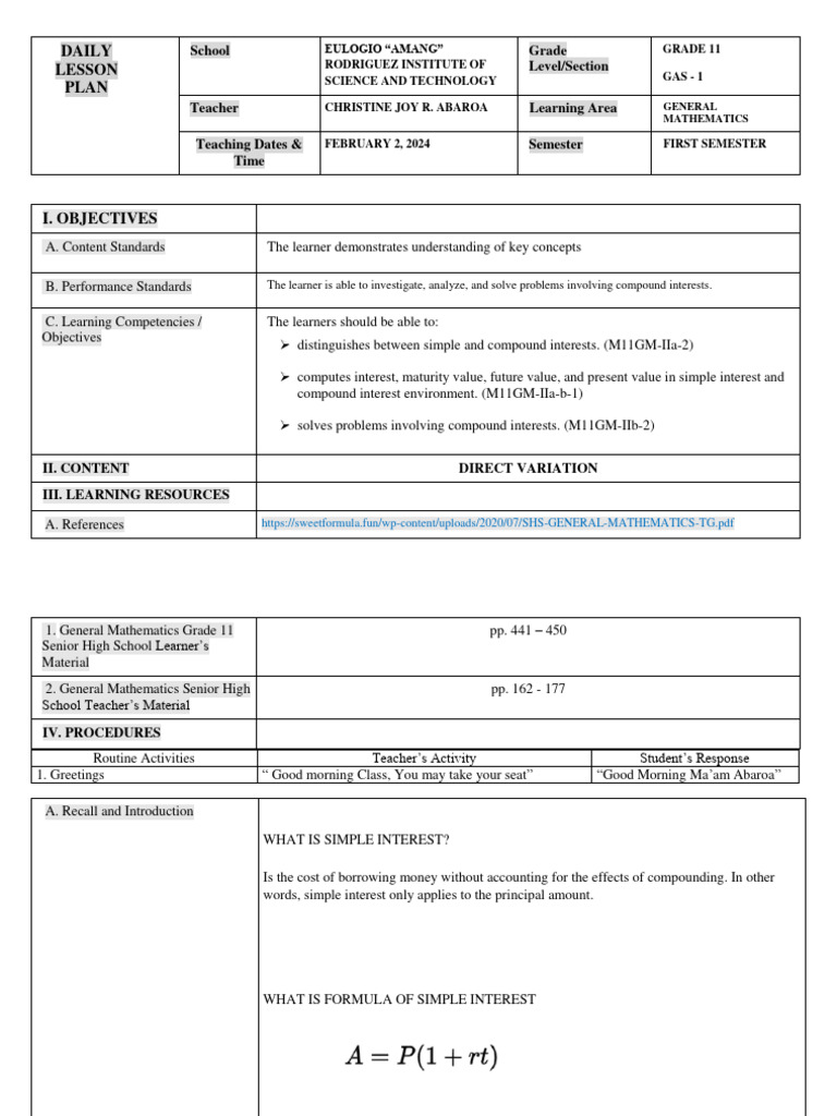 Grade 11 General Math Lesson Plan | PDF | Interest | Compound Interest