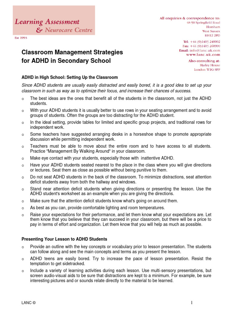 ADHD Classroom Management Tips | PDF | Attention Deficit Hyperactivity ...