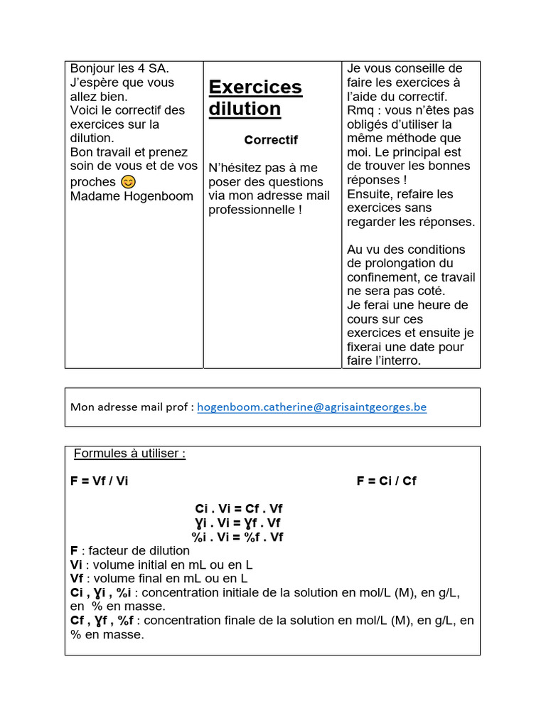 Correctif des exercices de dilution | PDF | Sciences physiques | Chimie