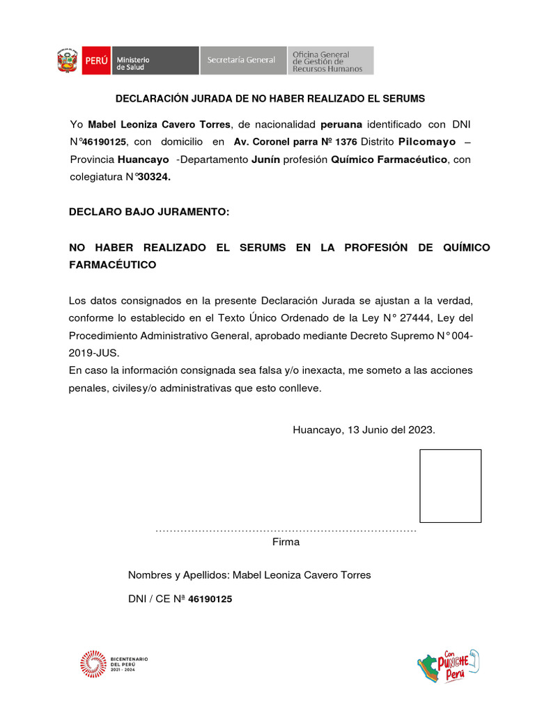 Declaración Jurada de No Haber Realizado El Serums | PDF