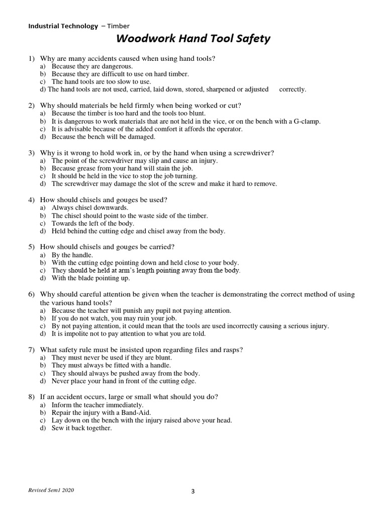 WB 2 Hand Tool Safety Quiz PDF Equipment Manufactured Goods