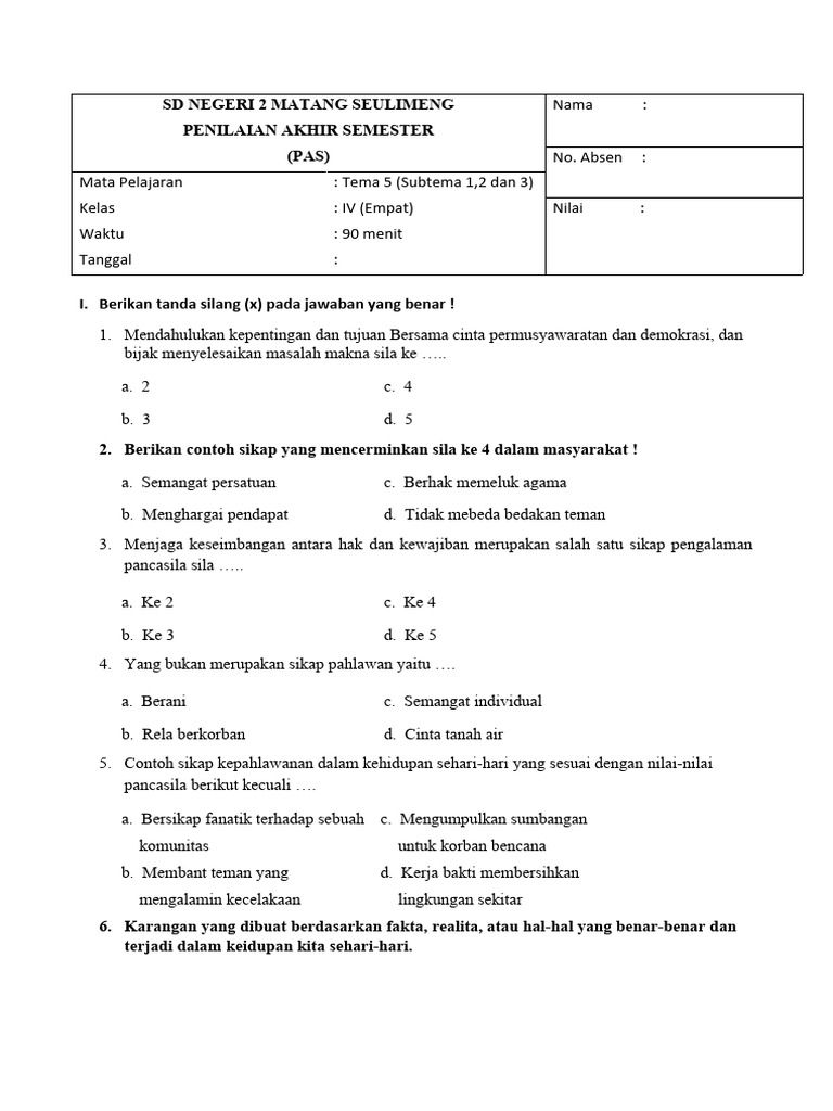 Kisi kisi soal pas tema 5 kelas 4