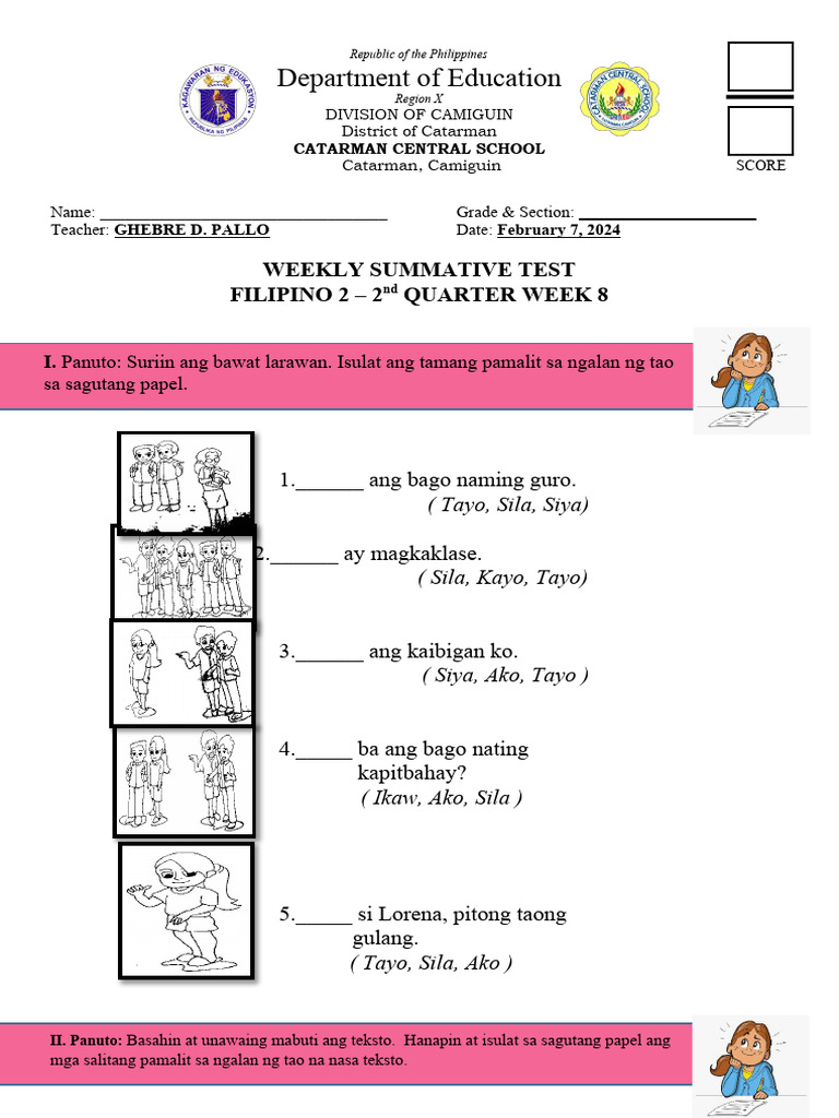 FILIPINO 2 Weekly Test - Q3 Week 1 | PDF