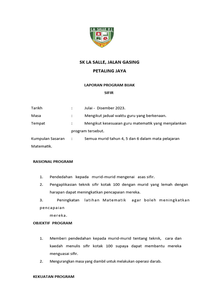Laporan Program Bijak Sifir 2023 24 Pdf