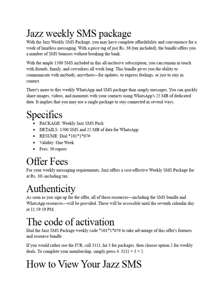 Jazz weekly sms package pdf subscription business model