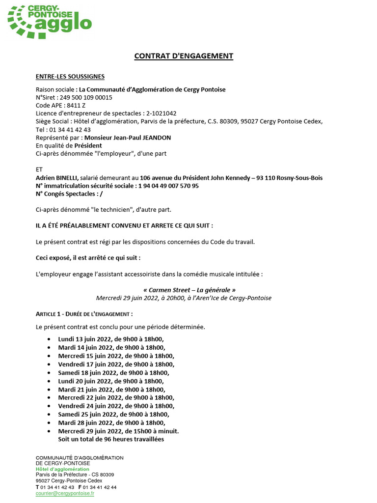 Contrat d'engagement technicien spectacle | PDF | Salaires