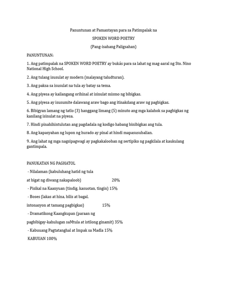 Panuntunan at Pamantayan para Sa Patimpalak Na Madulang Sabayang