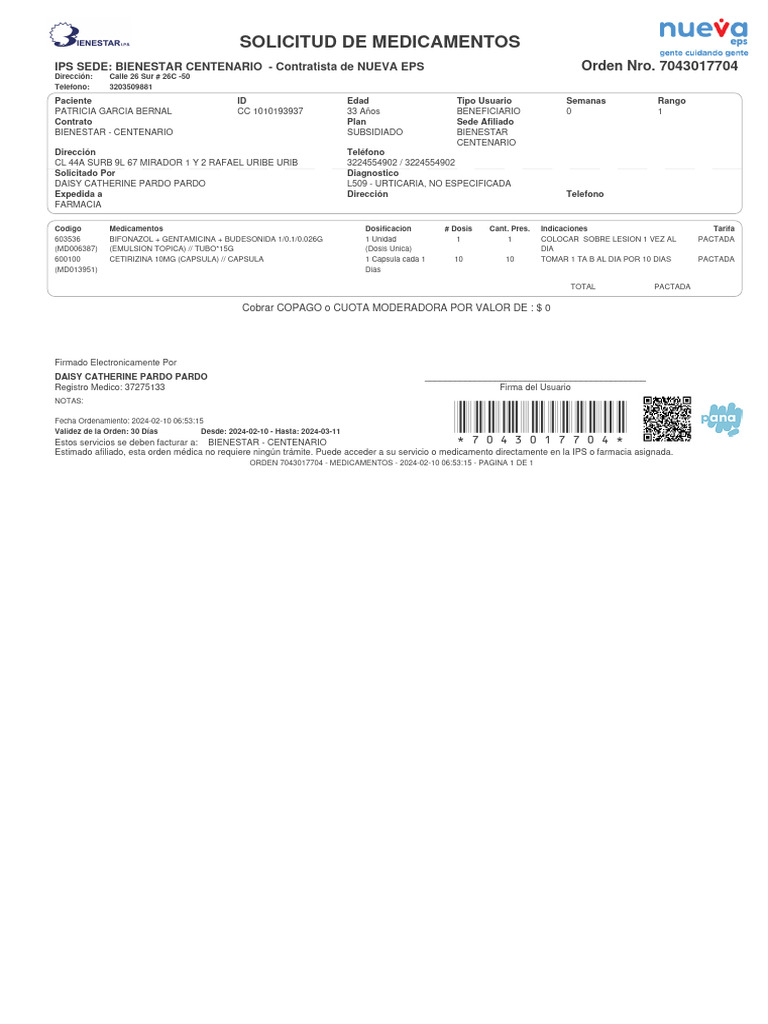 Solicitud de Medicamentos: Ips Sede: Bienestar Centenario - Contratista ...