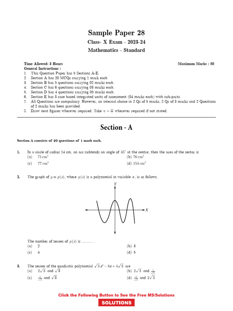 Maths Sample Paper | PDF | Circle | Quadratic Equation
