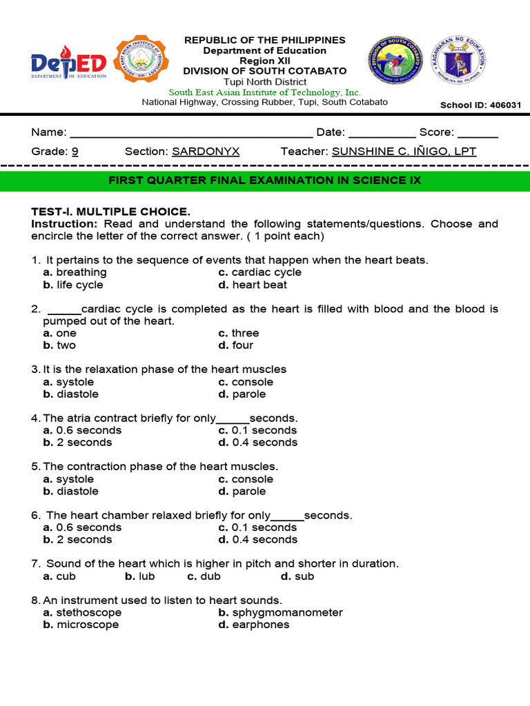 Grade 9 Science Final Exam Guide | PDF | Blood Pressure | Diastole