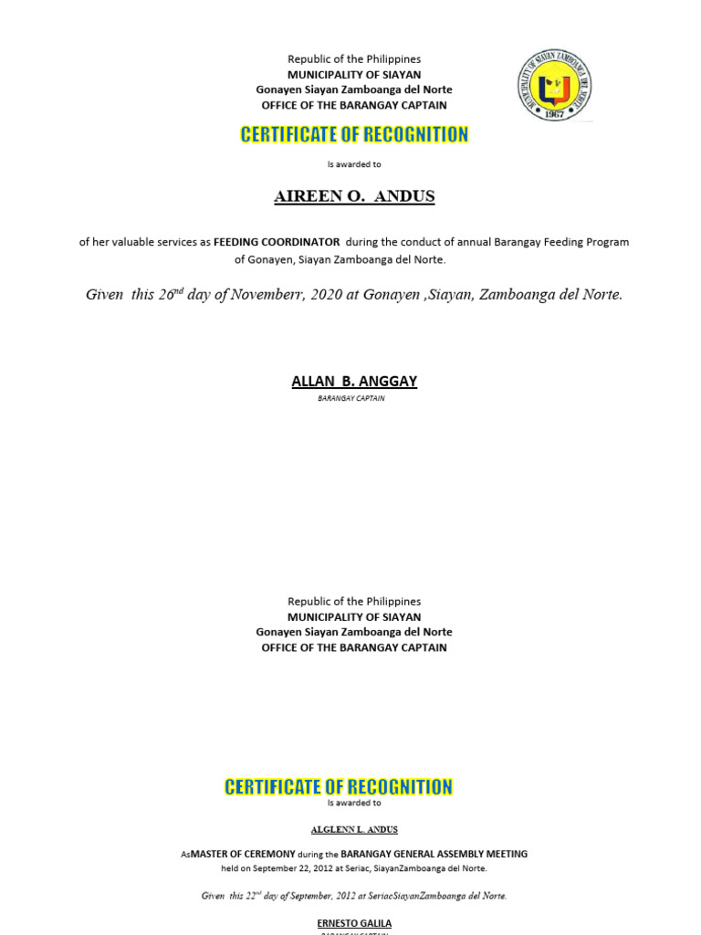 Certificate of Recognition for Barangay Officials | PDF