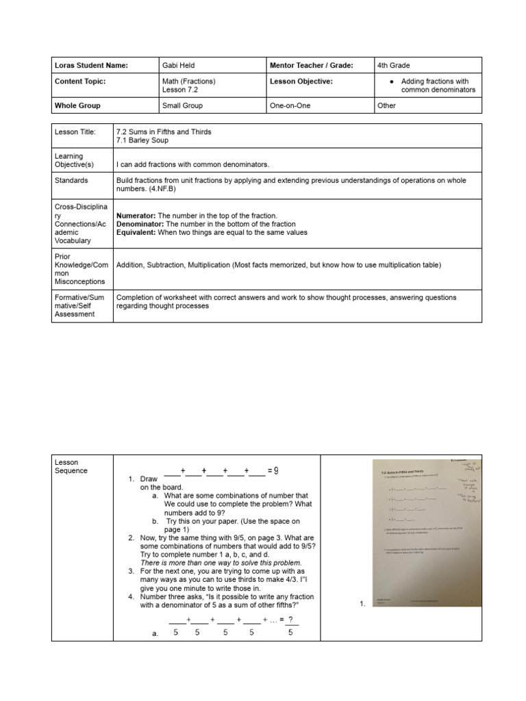 Adding Fractions Lesson Plan for 4th Grade | PDF | Numbers | Behavior ...