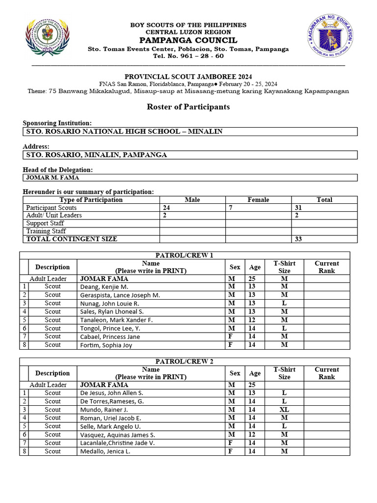 Provincial Scout Jamboree 2024 Roster | PDF | Outdoor Recreation | Scouting