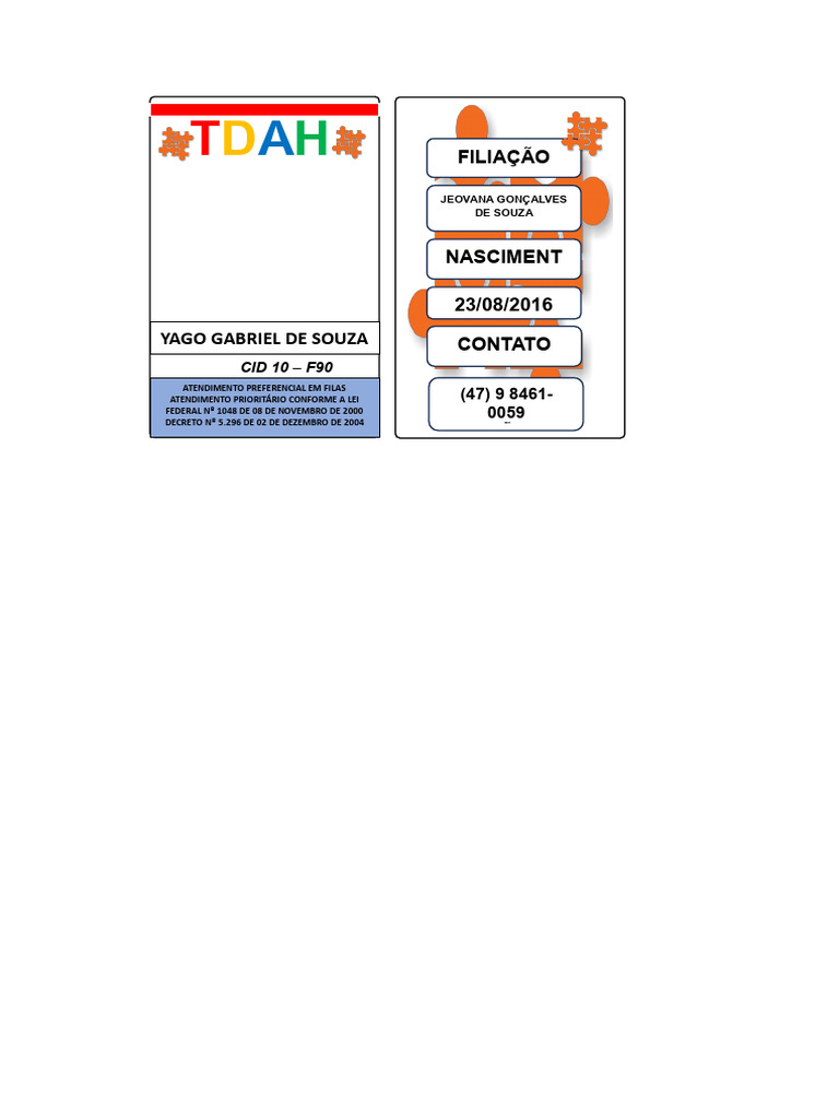 Carteirinha de Identificação TDAH | PDF