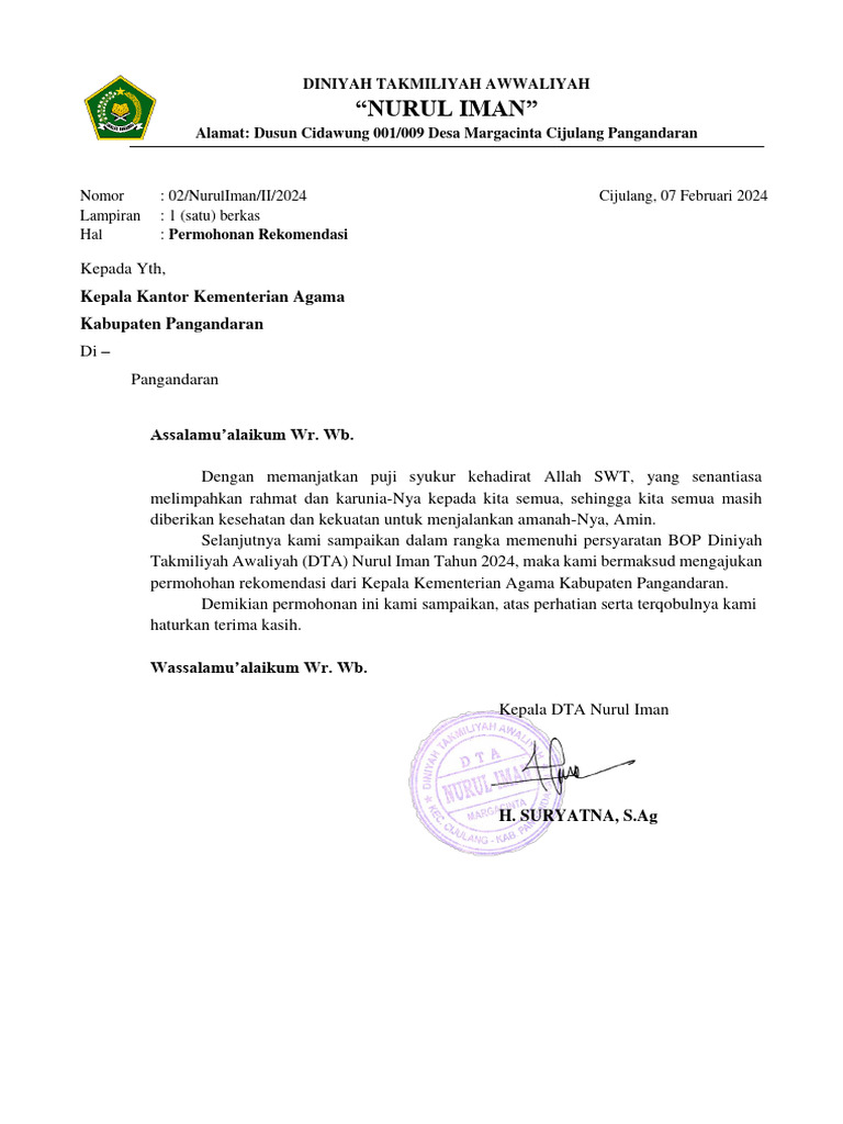 Surat Permohonan Rekomendasi | PDF