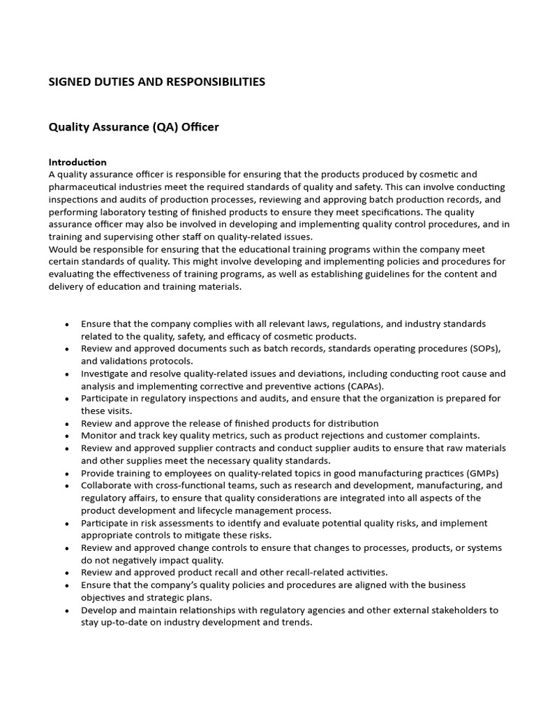 DUTIES AND RESPONSIBILITIES | PDF | Quality Assurance | Business