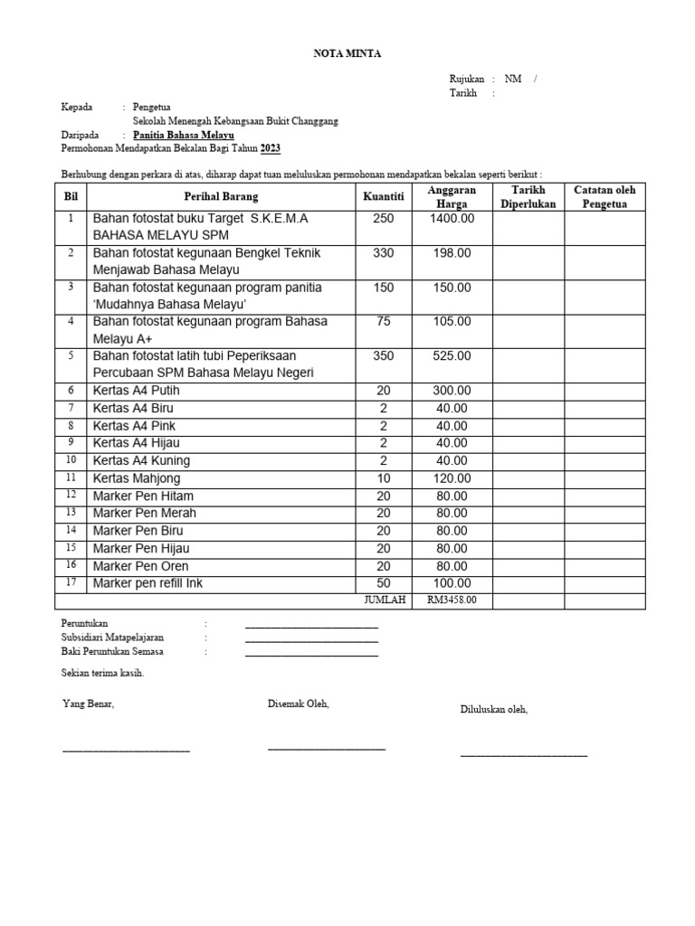 Nota Minta Bahasa Melayu | PDF