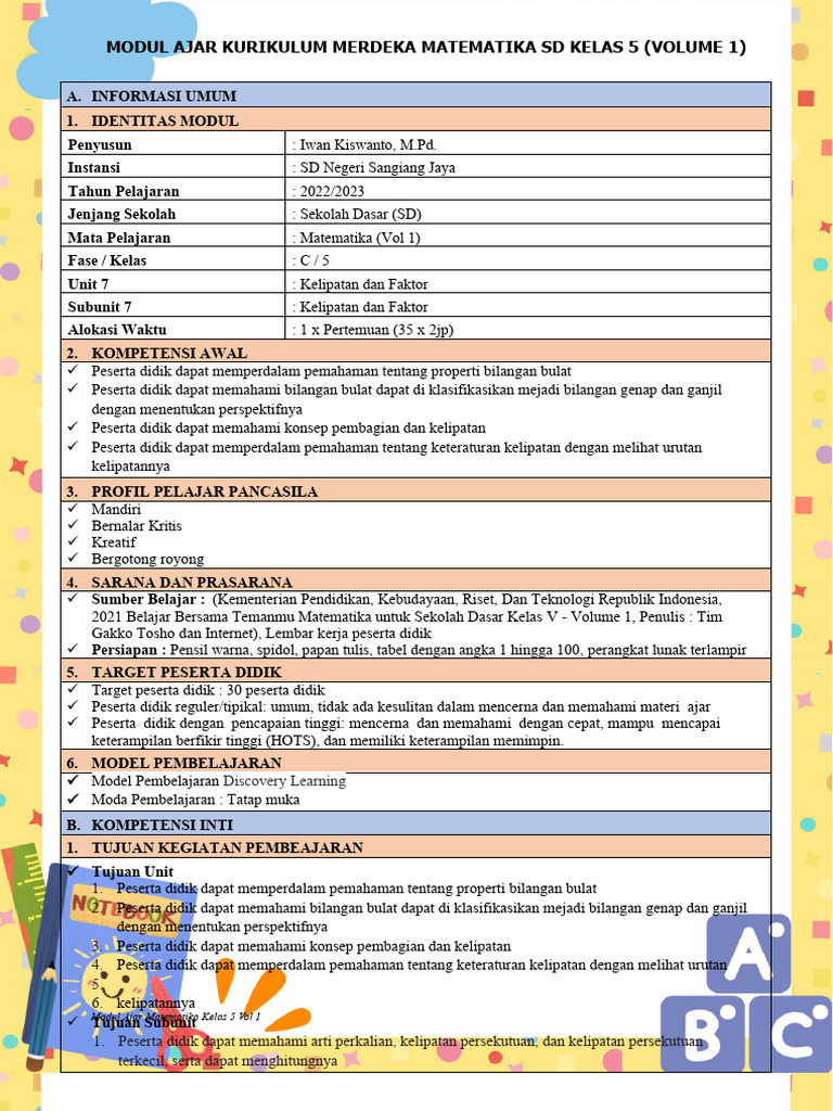Modul Ajar Matematika Kelas 5 Vol 1 | PDF
