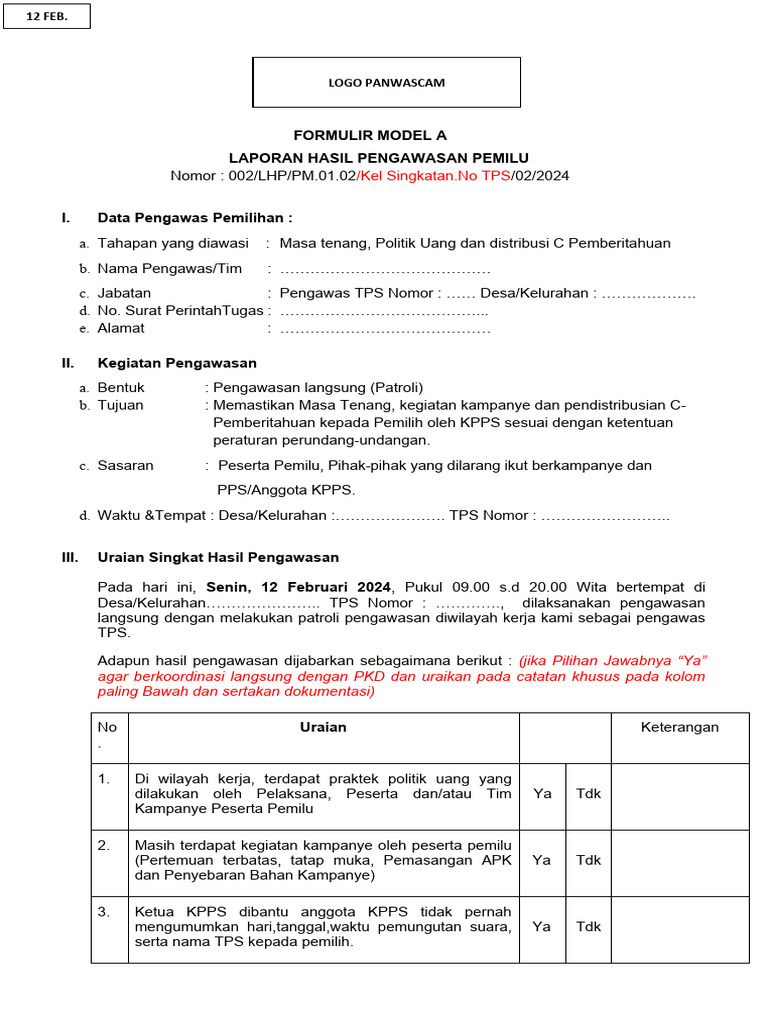 Form A Pengawasan Pemilu 2024 | PDF