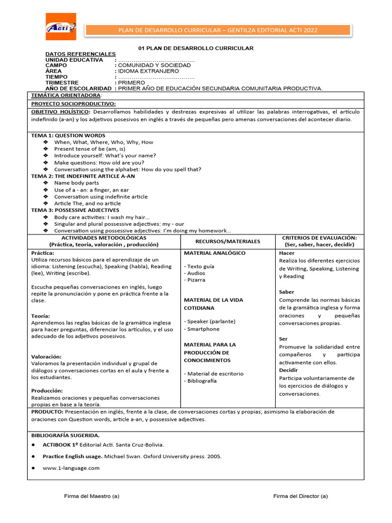 Ingles 1ro - Plan de Desarrollo Curricular | PDF | Plural | Verbo