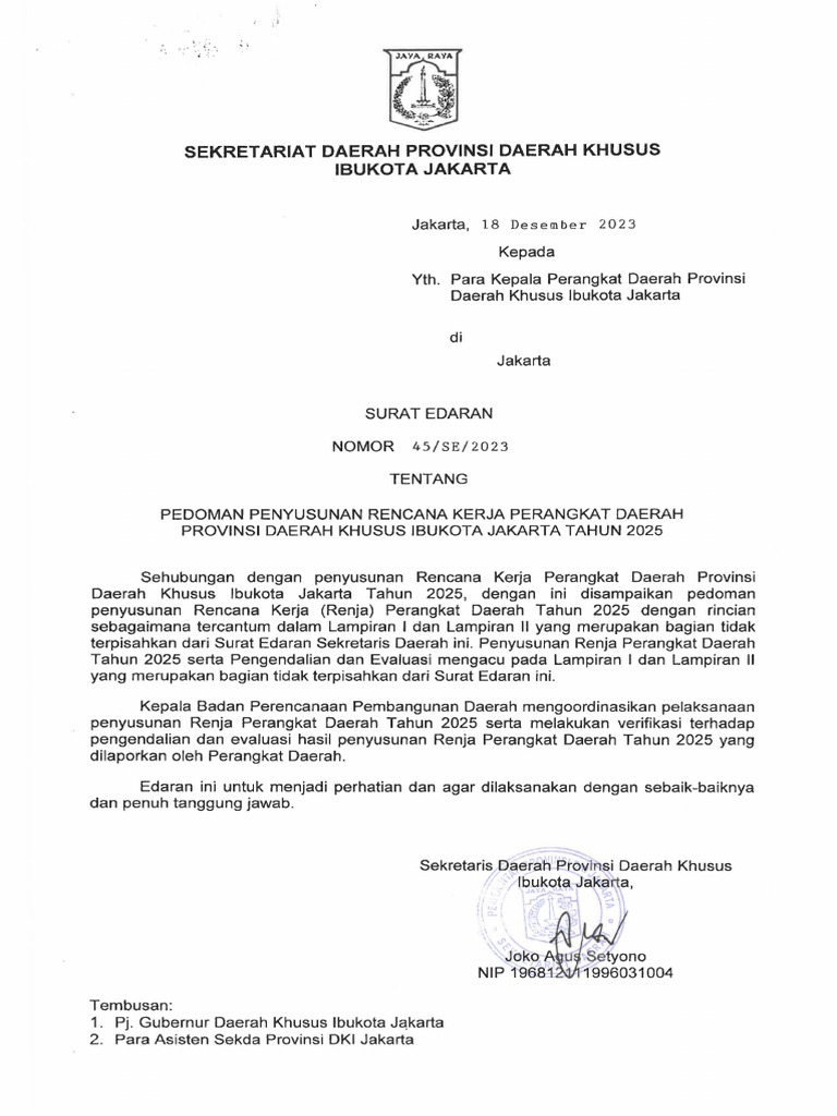 Se Sekda No 45 Se 2023 Ttg Pedoman Penyusunan Renja Perangkat Daerah