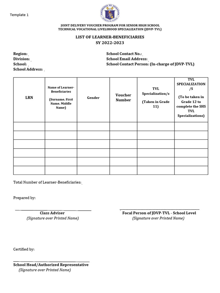 JDVP-TVL Learner Beneficiaries List | PDF