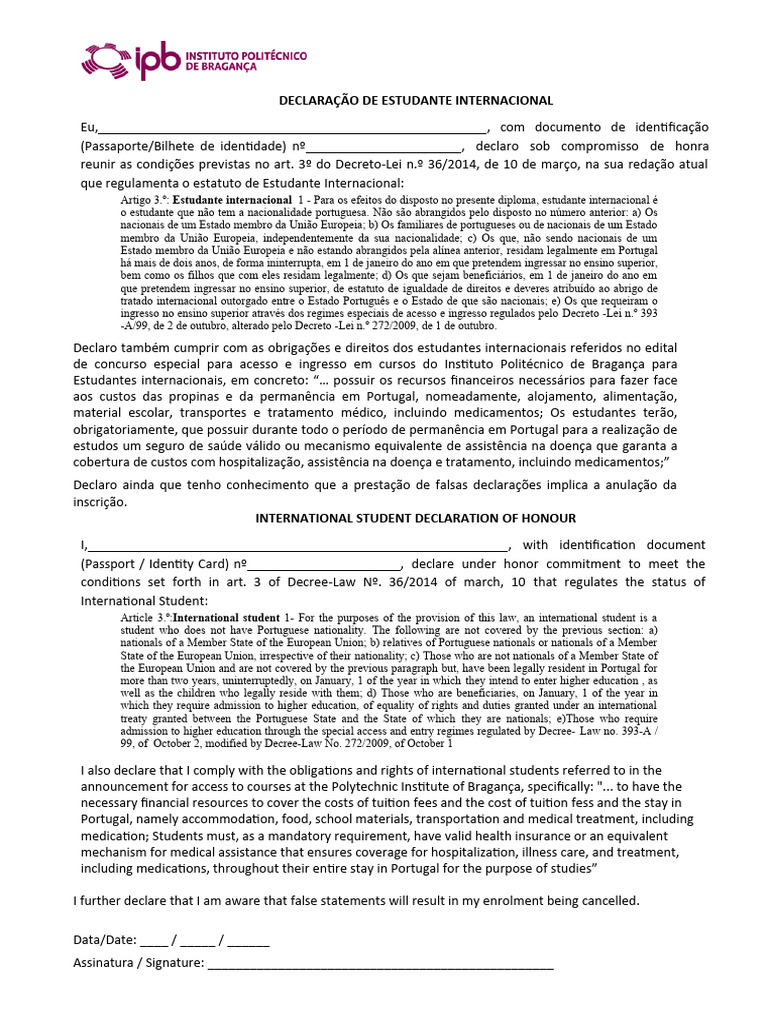 Declaração de Estudante Internacional | PDF | Governo | Relações ...