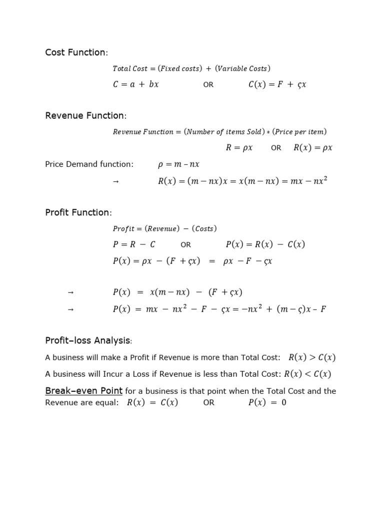 Cost and Revenue Functions Analysis | PDF | Profit (Economics ...