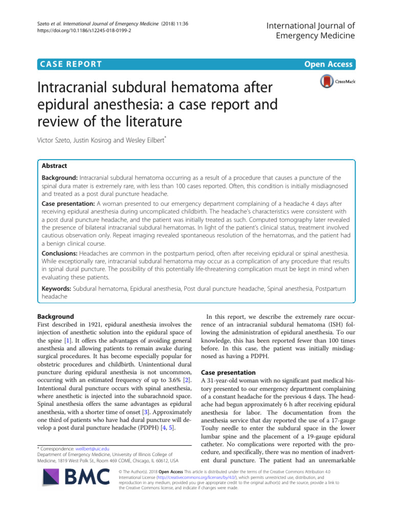 Intracranial Subdural Hematoma After Epidural Anesthesia A Case Report