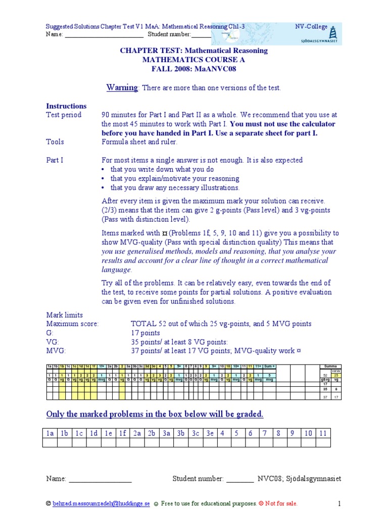 Warning: Chapter Test: Mathematical Reasoning Mathematics Course A Fall ...