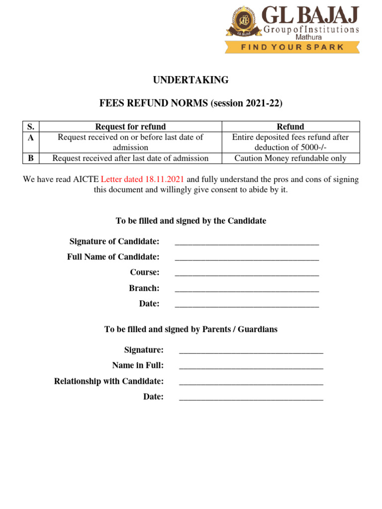 Fee Refund Undertaking 2021 PDF
