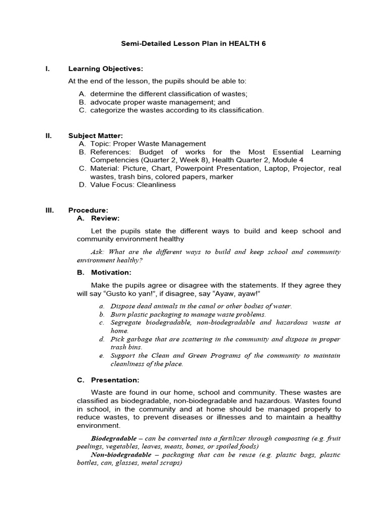 Waste Management Lesson Plan for Grade 6 | PDF | Waste | Biodegradation