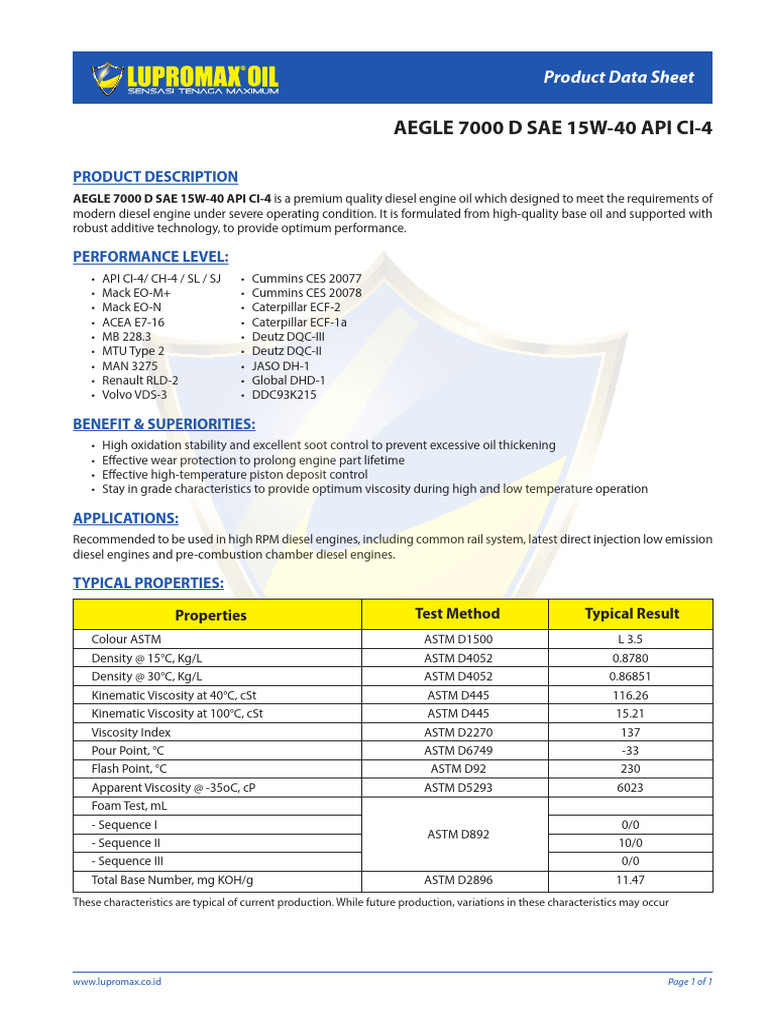 Pds-Aegle 7000 D 15w-40-Api Ci-4 | PDF | Physical Sciences | Internal ...