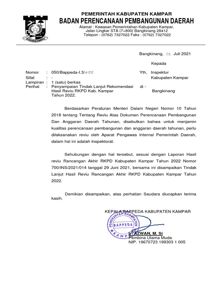 Tindak Lanjut Hasil Reviu RKPD 2022 | PDF
