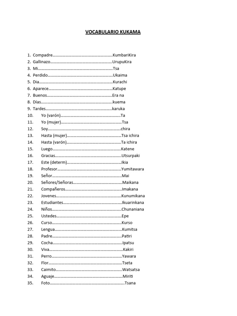 Vocabulario en Lengua Kukama | PDF