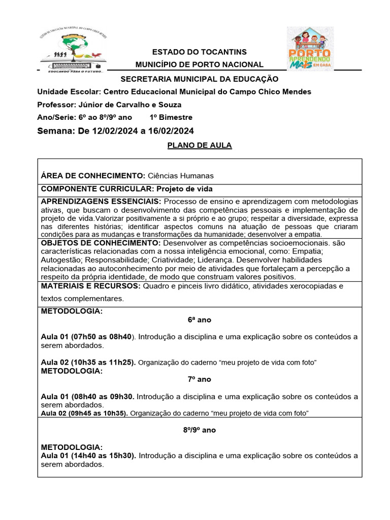 Atividades de Projeto de Vida 6º a 9º Ano | PDF | Aprendizado | Lição