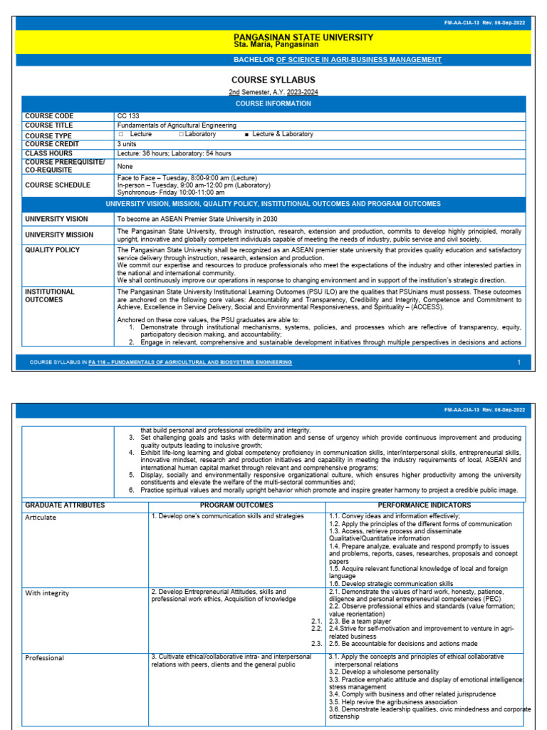 FA 116: Agricultural Engineering Syllabus | PDF | Decision Making ...