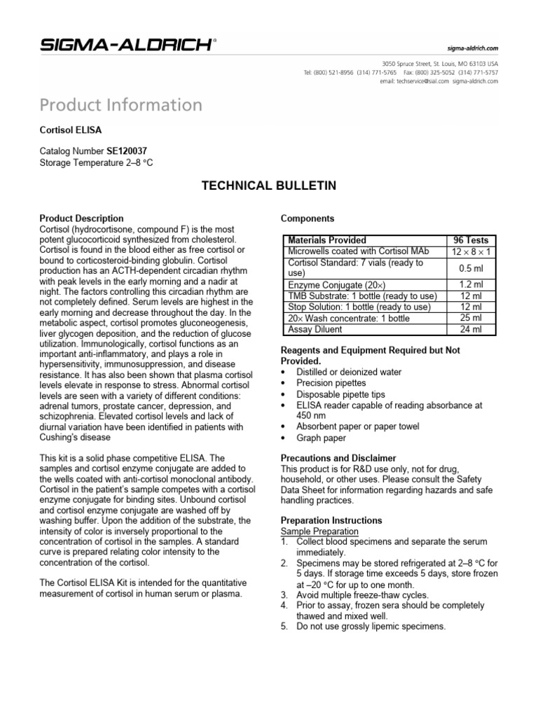 Cortisol ELISA Kit Technical Bulletin | PDF | Cortisol | Elisa