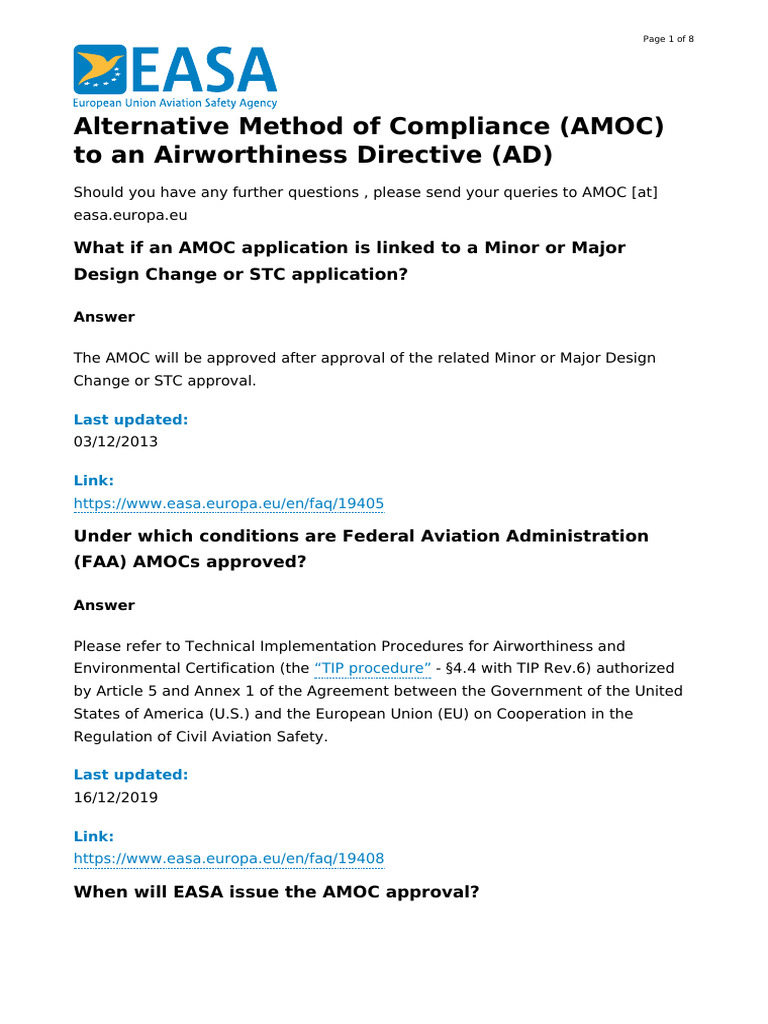 EASA Alternative Method of Compliance AMOC to an Airworthiness