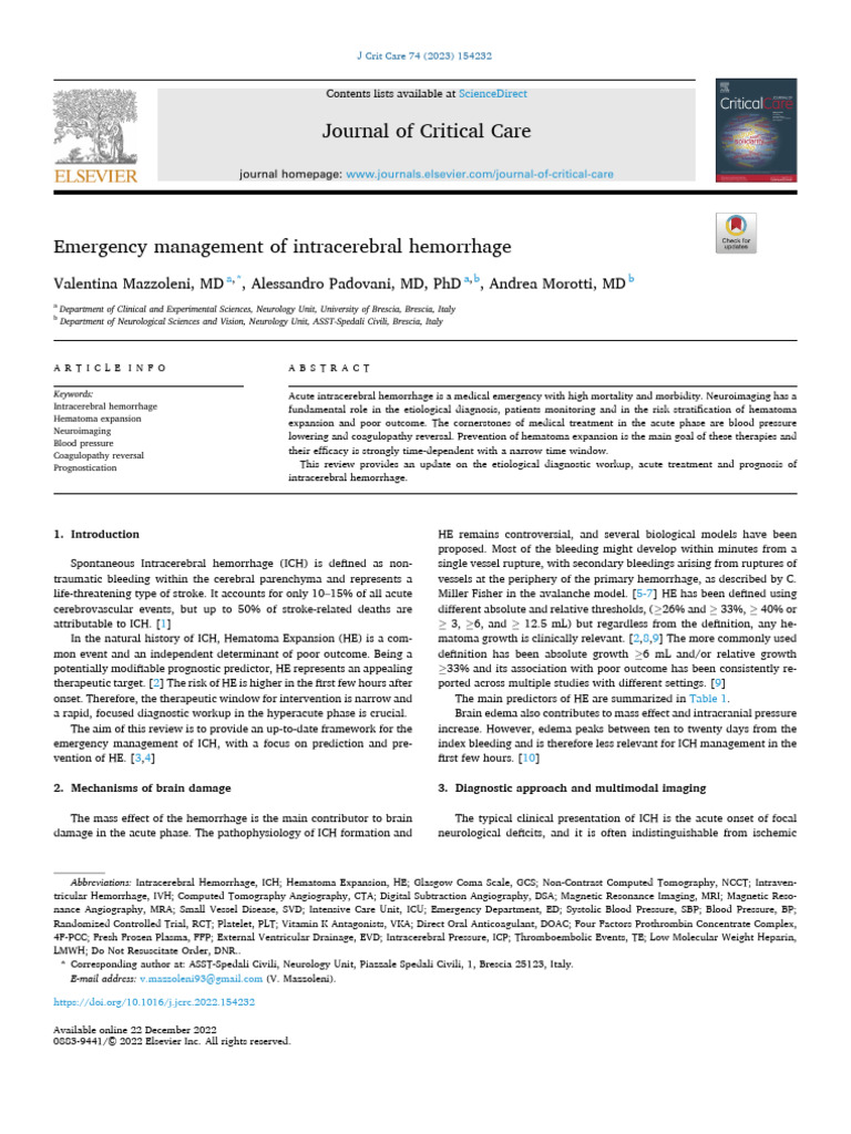Emergency Management of Intracerebral Hemorrhage | PDF | Stroke ...