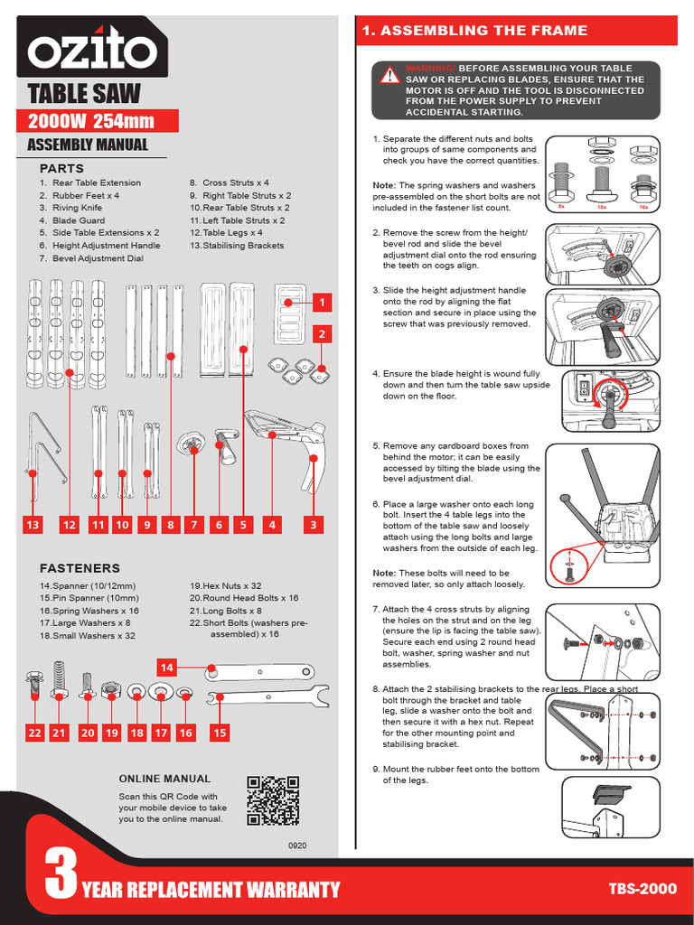 Table Saw TBS-2000 Assembly Guide | PDF | Screw | Equipment