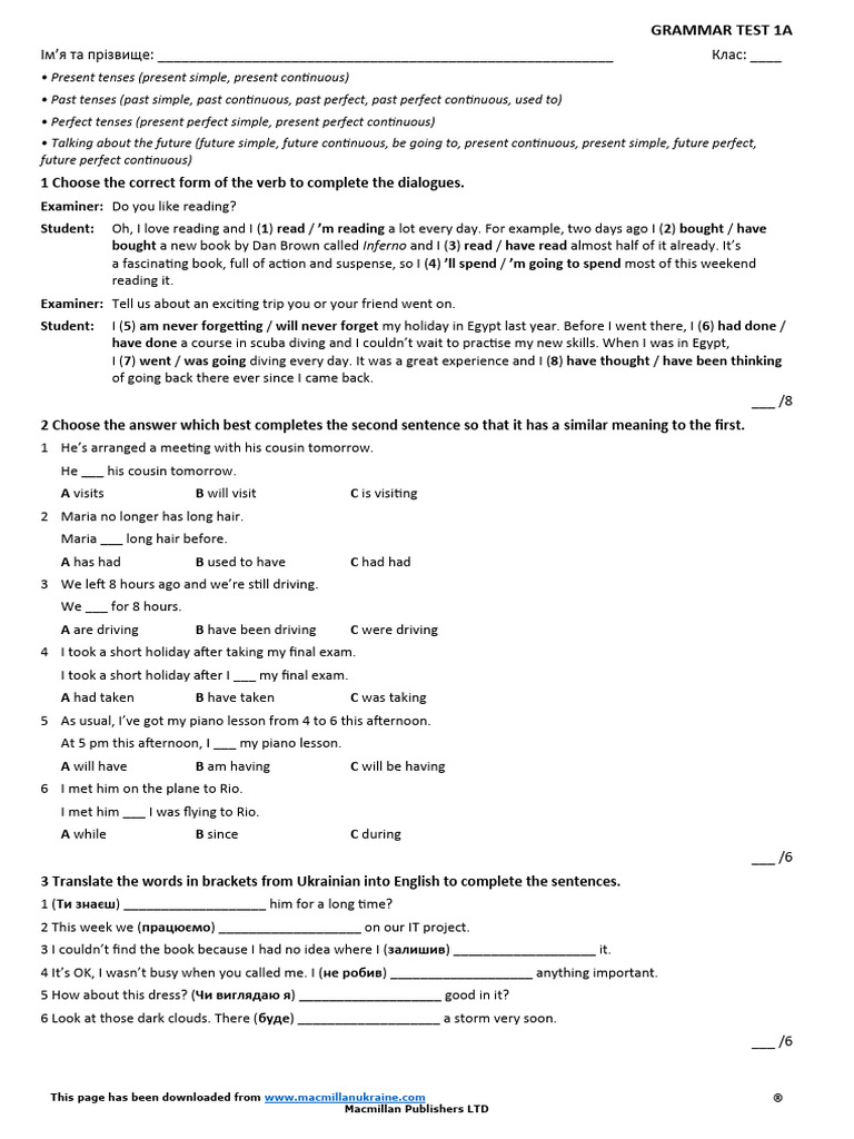 Grammar Test 1A Units 1-4 | PDF | Grammar | Linguistics